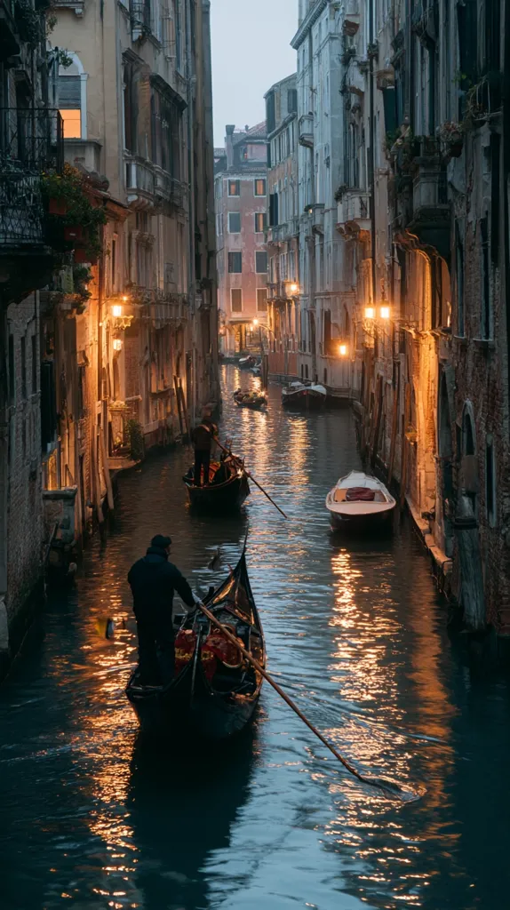 A narrow Venetian canal at twilight, lined with ancient buildings, reflects the warm glow of streetlights.  Gondolas glide silently along the water, their gondoliers silhouetted against the ambient light.  The scene is serene and atmospheric, capturing the romantic essence of Venice.  A small motorboat is also visible, adding a touch of modern life to the historic setting.