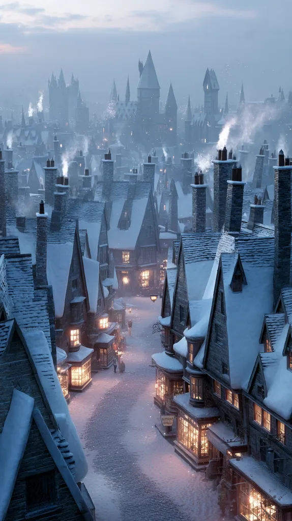 A picturesque winter scene in Hogsmeade, a magical village. Snow-covered rooftops and charming shops line the cobblestone streets, glowing warmly from within.  In the distance, Hogwarts Castle is visible, shrouded in a soft, misty twilight. The overall atmosphere is peaceful and enchanting, reminiscent of a classic holiday setting.  Smoke rises from chimneys, adding to the cozy ambiance.