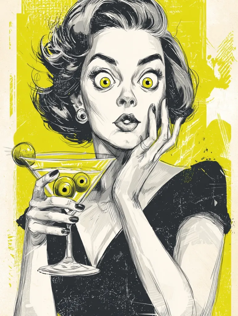 A stylized illustration of a woman with wide, surprised eyes holds a martini glass with olives.  Her expression is one of shock or disbelief.  She is depicted in a 1950s-style dress against a bright yellow background. The artwork is done in a black and white sketch style with added yellow accents. The overall feel is vintage and slightly unsettling.