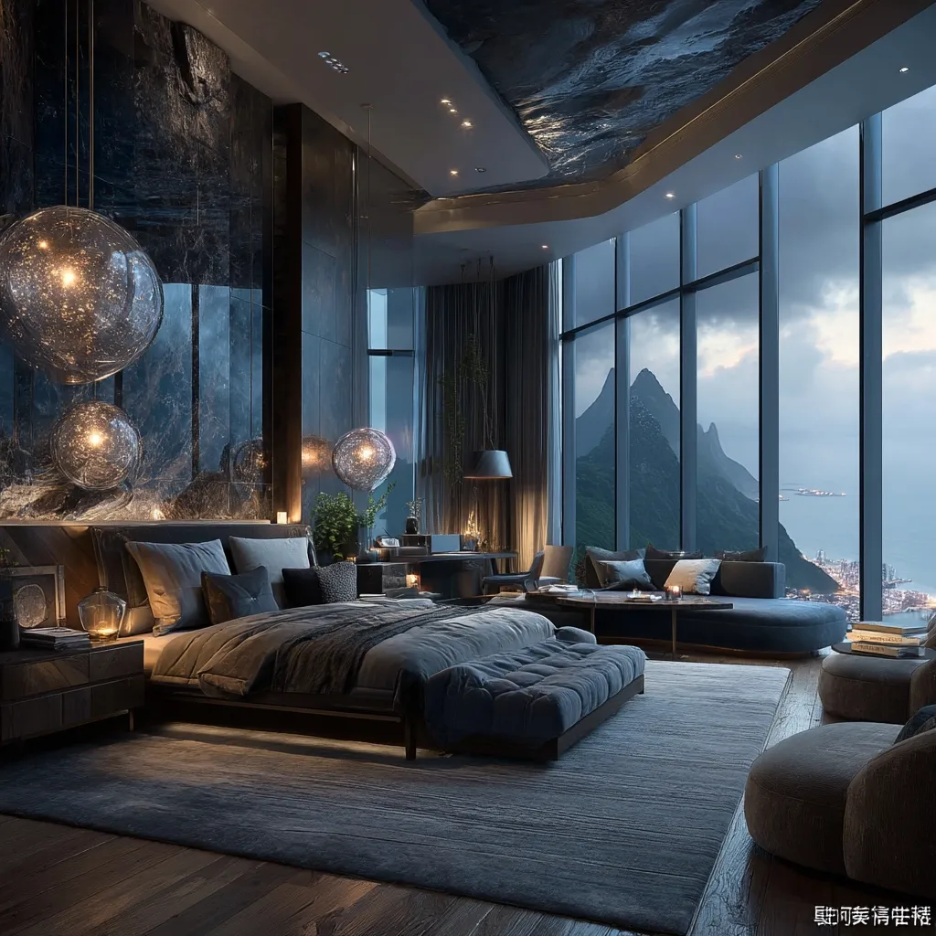 A luxurious master bedroom boasts a dark, sophisticated design.  A large bed with plush bedding is the centerpiece, complemented by a low ottoman.  Floor-to-ceiling windows offer breathtaking panoramic views of mountains and ocean at dusk.  Elegant lighting fixtures and dark wood flooring complete the opulent atmosphere.  A modern couch sits near the windows, adding to the spacious and calming feel.