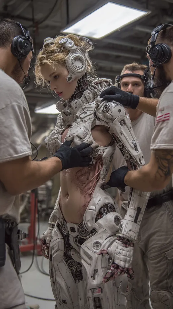 Behind-the-scenes image showing the meticulous work on a female cyborg.  Three technicians, wearing headphones, adjust and examine the intricate, lifelike robotic exoskeleton.  The cyborg's design blends organic and mechanical elements, showcasing detailed craftsmanship.  The scene suggests a science fiction film or television production.  The focus is on the detail of the costume and the collaborative effort involved.