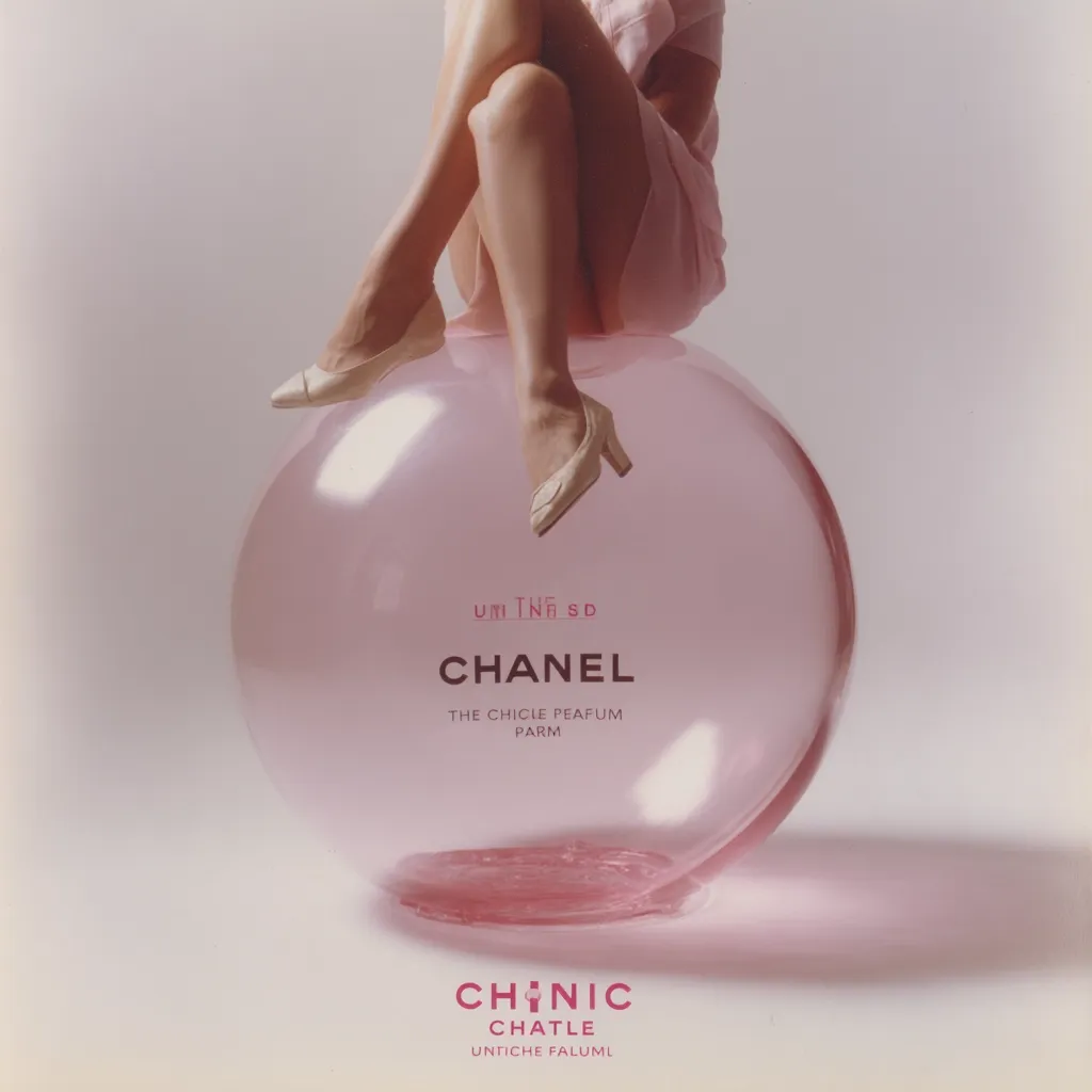 A woman in a pink dress sits atop a giant, translucent pink perfume bottle.  She wears light pink heels. The bottle is labeled "Chanel," "The Chiclie Pefum," and "Parm."  The bottom of the advertisement features the text "Chinc Chatle Untiche Faluml." The overall aesthetic is minimalist and elegant, showcasing the perfume.