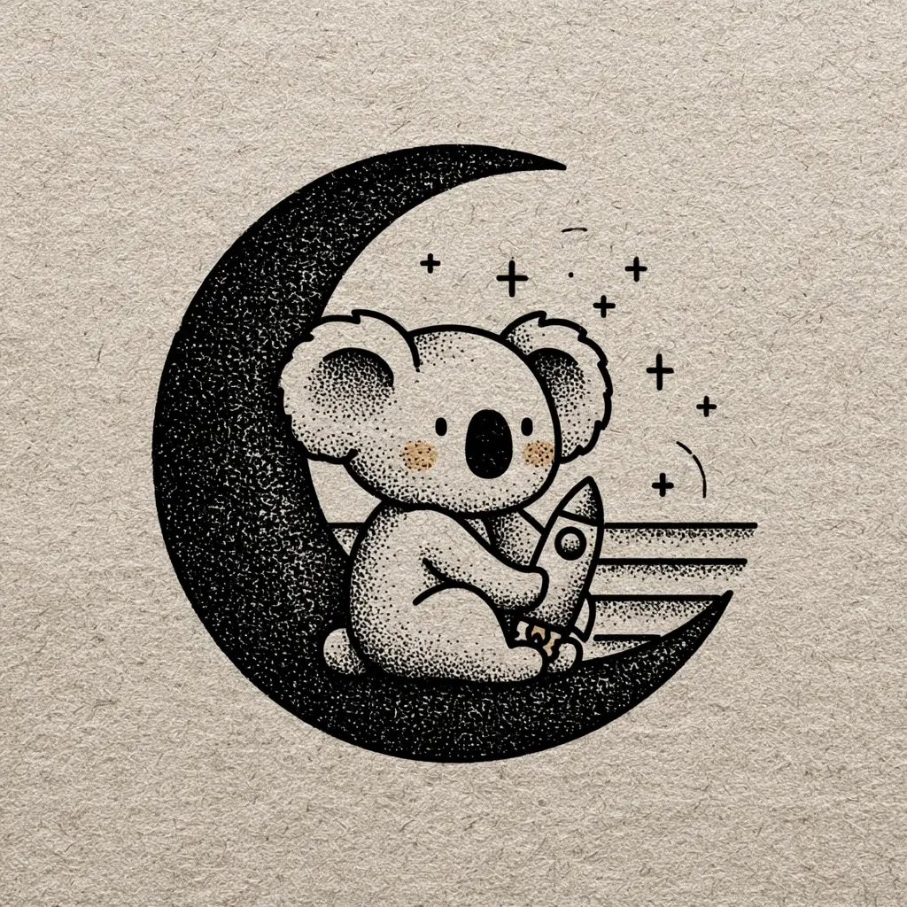 A stippled illustration depicts a cute koala sitting on a crescent moon, holding a small rocket.  The style is reminiscent of a tattoo design, with black ink dots creating texture and detail.  Small plus signs are scattered around the moon, suggesting stars.  The overall impression is whimsical and charming, blending elements of nature and space exploration.