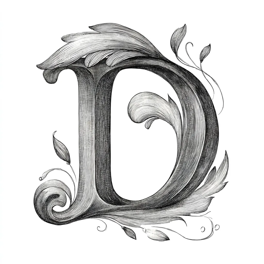 A meticulously detailed pen-and-ink drawing depicts the uppercase letter "D."  Intricate swirling flourishes and acanthus-like leaves adorn the letterform, creating a decorative and ornate capital letter in a style reminiscent of vintage typography or illuminated manuscripts. The shading and linework are finely rendered, suggesting depth and texture to the design.
