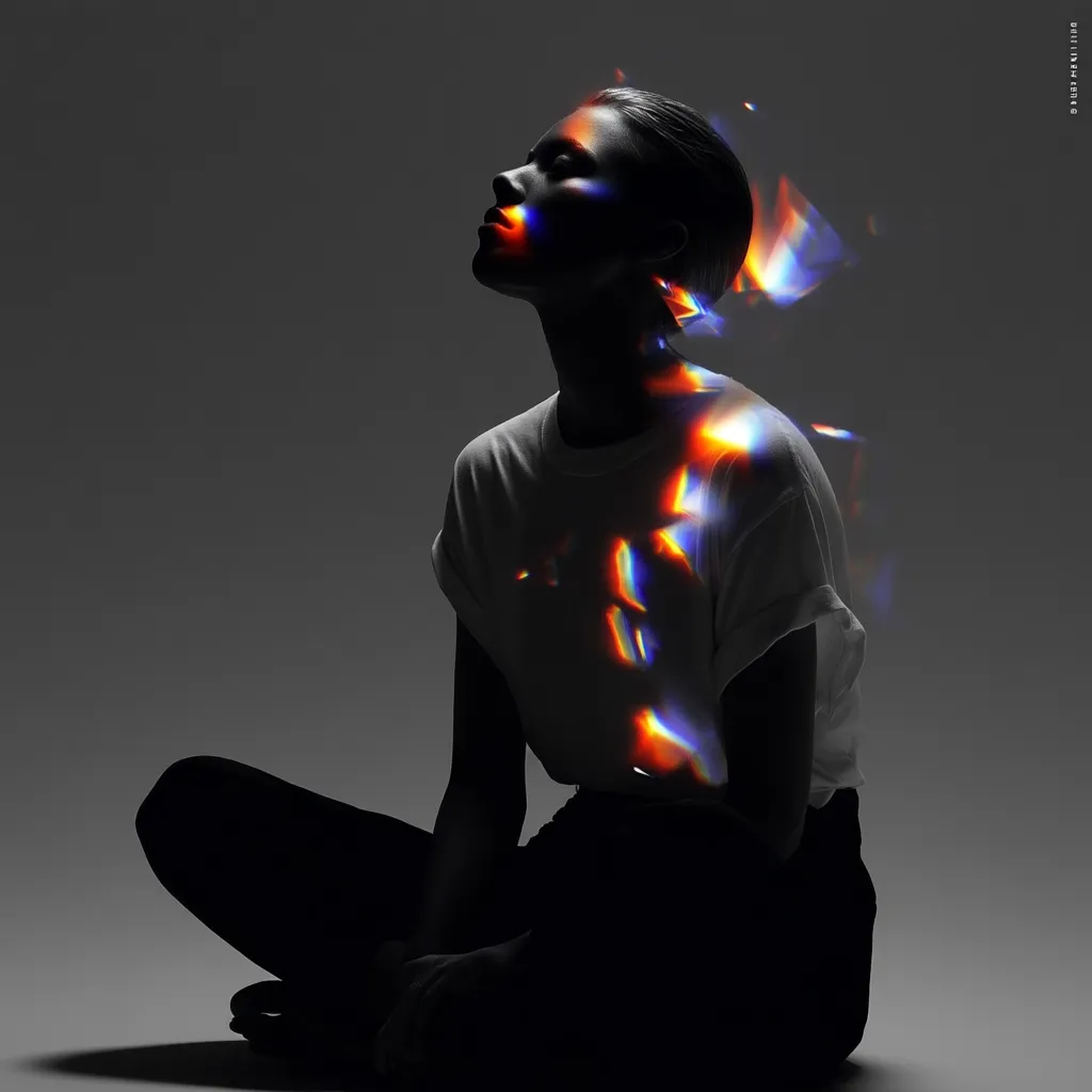 A young woman sits cross-legged against a dark gray background, her head tilted back.  She wears a simple white t-shirt and dark pants.  Vibrant, multicolored light refractions, resembling shattered glass or a prism effect, overlay her upper body and shoulders, creating a striking contrast against her dark silhouette. The image is moody and artistic, with a focus on light and shadow.