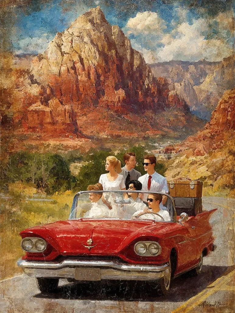 A vintage painting depicts a group of young adults on a road trip.  They are piled into a bright red convertible, luggage secured on the back, driving through a scenic canyon landscape.  Towering red rock formations dominate the background under a partly cloudy sky. The scene evokes a sense of carefree adventure and nostalgia for a bygone era.  The artistic style suggests a romanticized view of 1950s Americana.