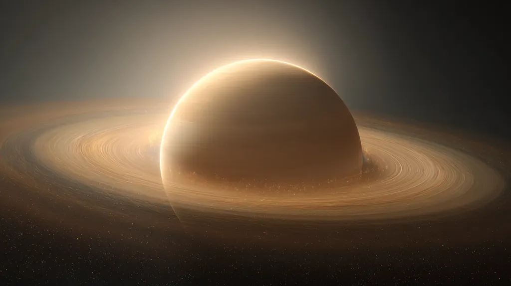 A radiant, golden-hued planet dominates the center, encircled by a breathtaking, intricate ring system. The rings, composed of countless fine particles, exhibit a mesmerizing pattern of concentric circles, extending far beyond the planet's visible surface.  The planet's surface appears smooth, with a subtle glow emanating from its upper hemisphere. The background is a deep, star-studded space, providing a dramatic contrast to the celestial beauty in the foreground.
