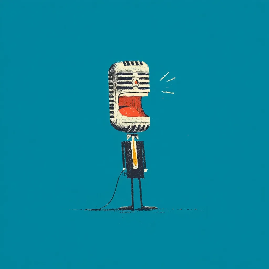A stylized illustration depicts a man with a vintage microphone for a head, loudly projecting his voice.  He's dressed in a dark suit and tie, holding a microphone cord.  The image is minimalist, with a teal background that contrasts sharply with the bold figure. The overall style is retro and whimsical, suggesting a concept related to communication or public speaking.