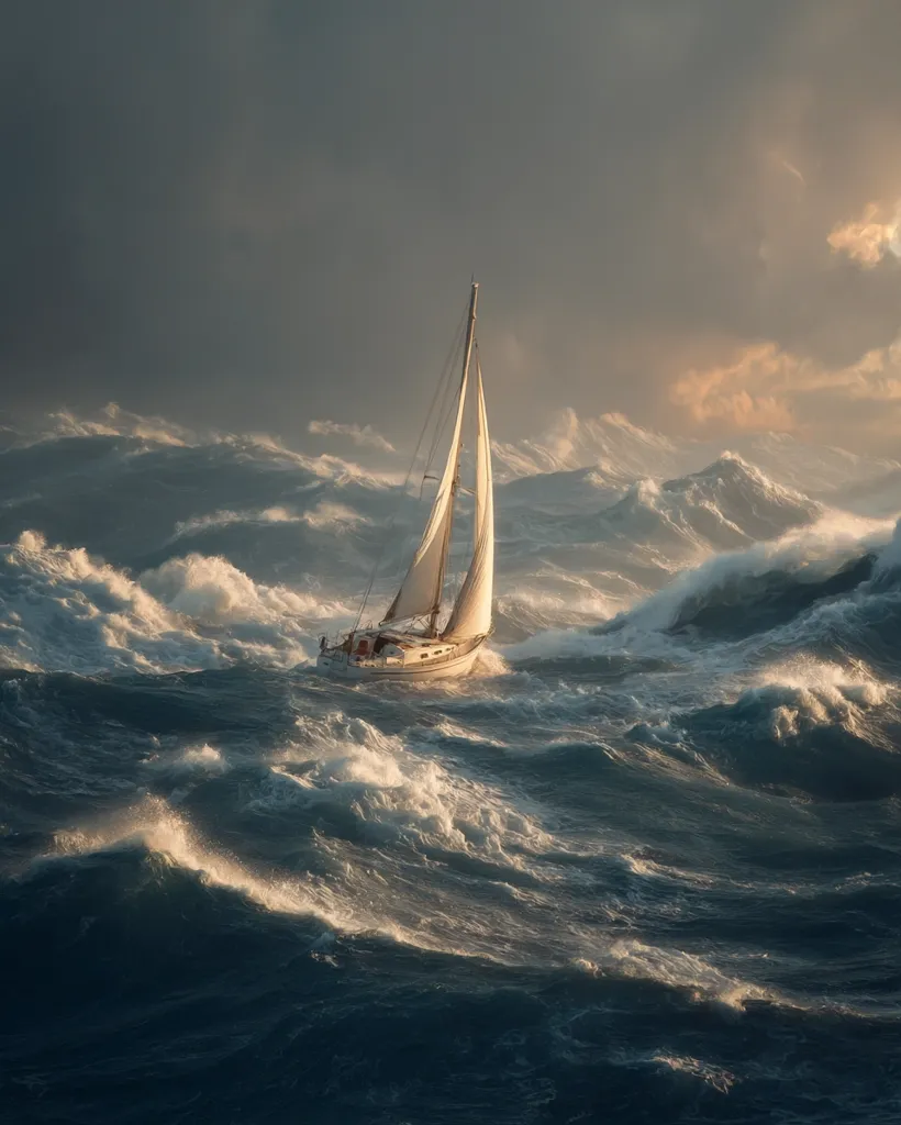 A lone sailboat navigates a tempestuous ocean, its white sails billowing against a dramatic sky.  Towering waves crash around the vessel, showcasing the raw power of nature.  The scene evokes a sense of both danger and determination, highlighting the resilience of the sailor against the formidable forces of the sea. The lighting suggests either dawn or dusk, adding to the atmosphere of challenge and hope.