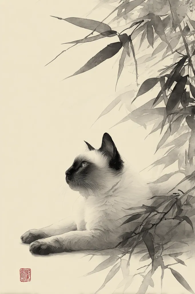 A serene grayscale painting in the style of East Asian art depicts a Siamese cat lying amidst bamboo leaves. The cat gazes thoughtfully towards the upper right, its form rendered with soft, delicate brushstrokes.  The bamboo, rendered in shades of gray and black, creates a tranquil backdrop, enhancing the overall peaceful mood of the artwork.  A red seal is subtly placed in the bottom left corner, adding an authentic touch.