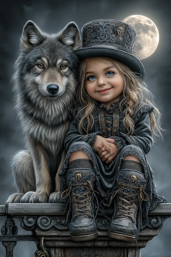 A digital painting depicts a young girl with blonde hair wearing a top hat and dark Victorian-style clothing.  She sits beside a large grey wolf on a stone balustrade. The scene is set under a full moon at night, creating a mystical and slightly gothic atmosphere. The girl and wolf appear to share a bond, their expressions peaceful and serene.  The detailed artwork features intricate textures in the clothing and the wolf's fur.
