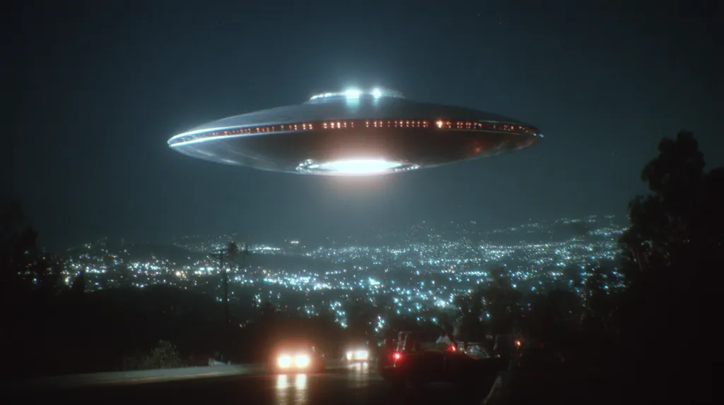 A classic flying saucer hovers silently over a sprawling city at night.  The cityscape below is a twinkling expanse of lights, nestled amongst dark hills.  Cars travel along a road in the foreground, seemingly oblivious to the otherworldly spectacle above. The scene is atmospheric and evokes a sense of mystery and wonder.
