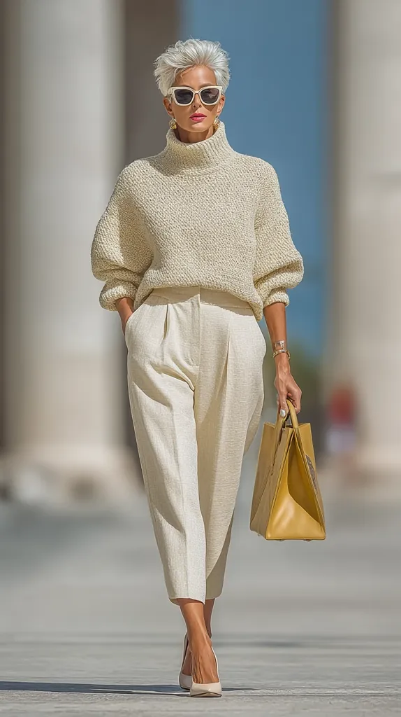 A stylish woman with short platinum blonde hair strolls confidently. She's dressed in a chic, monochromatic cream ensemble: a chunky knit turtleneck sweater and wide-leg cropped trousers.  Completing the look are white sunglasses, delicate gold jewelry, and cream-colored heels. A mustard-yellow handbag hangs from her arm, adding a pop of color. The setting appears to be an outdoor urban space.