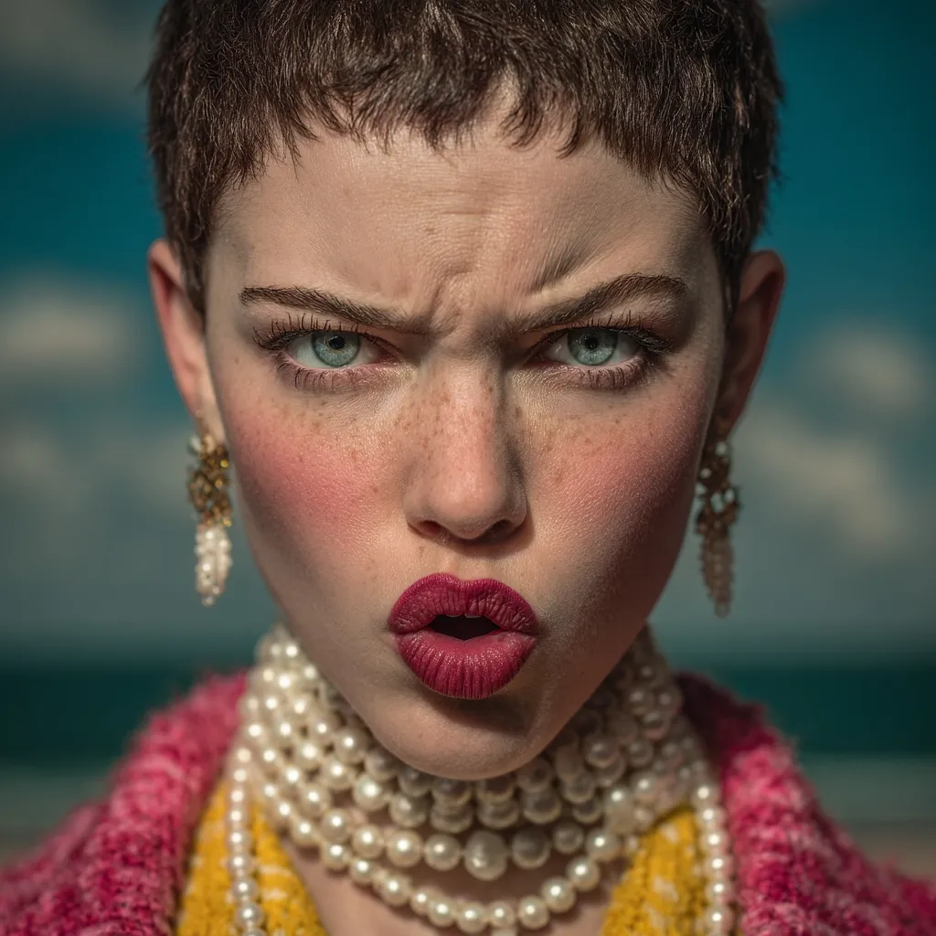 Close-up portrait of a young woman with short brown hair,  freckles, and intense blue eyes. She's wearing a pink and yellow cardigan, a layered pearl necklace, and gold earrings. Her expression is one of disbelief or indignation, her mouth slightly open in a surprised or angry pout. The background is a blurred seascape.  The image has a high-fashion, artistic feel.