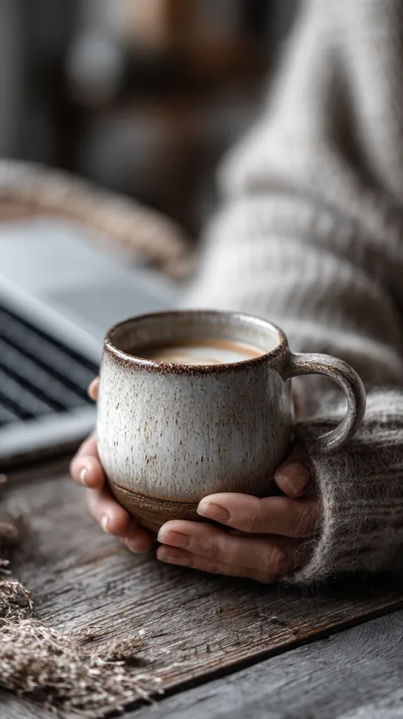 Close-up view of hands gently holding a rustic, speckled stoneware mug filled with a warm beverage. The mug is earthy toned, with a slightly textured surface. The person is wearing a cozy, light gray knitted sweater. The setting appears to be a rustic wooden table with a blurred laptop in the background, suggesting a moment of quiet comfort and relaxation.