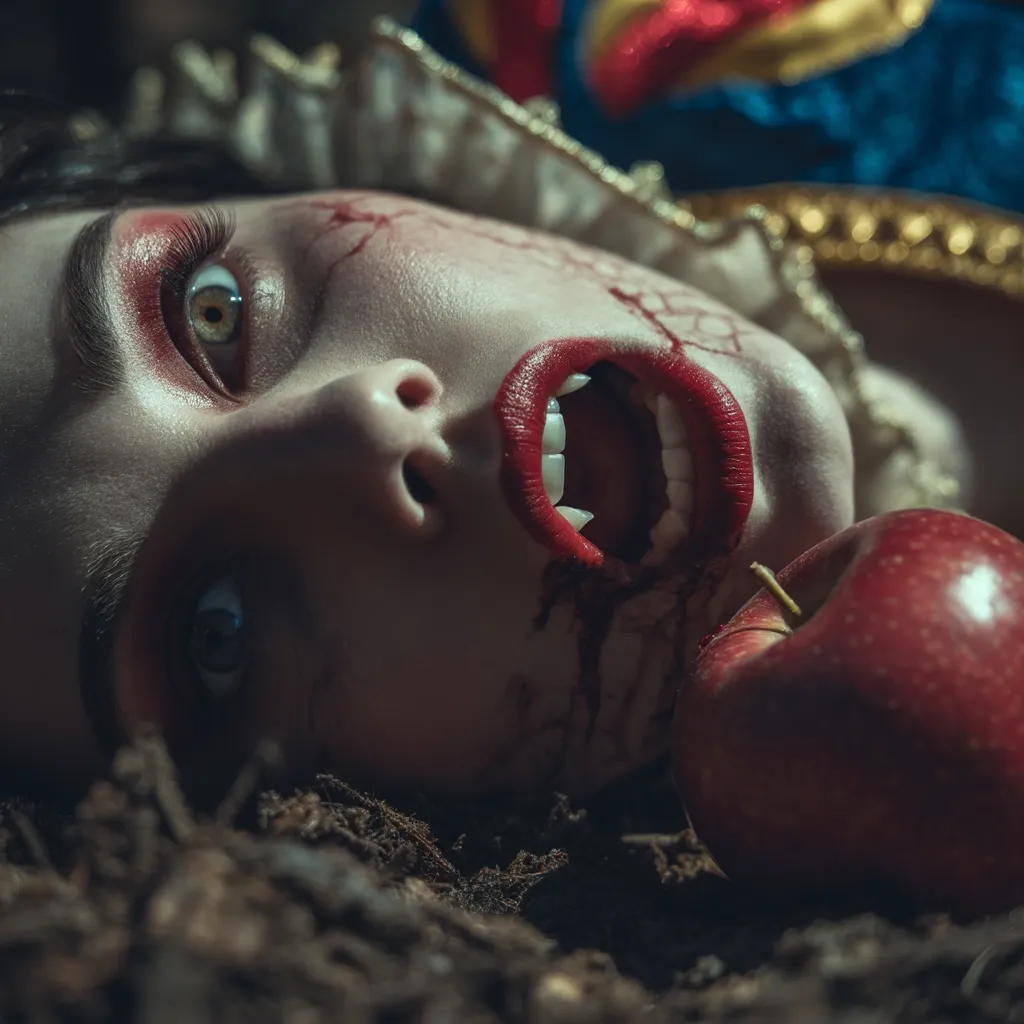 A gruesome close-up depicts a deceased Snow White, her face marred by bloody scratches and a gaping mouth revealing fangs.  Blood trickles from her lips, near a poisoned red apple lying on the dark ground beside her.  The image evokes a dark, gothic interpretation of the fairytale.