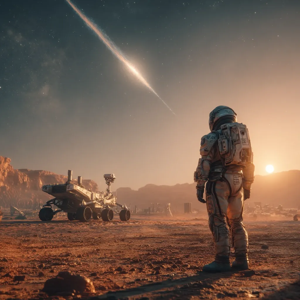 A lone astronaut in a futuristic spacesuit stands on a Martian landscape, gazing at a rover in the distance.  The red dust stretches to a horizon punctuated by rocky formations. A bright comet streaks across a twilight sky, casting a warm glow on the scene.  The image evokes a sense of exploration and solitude on a distant planet.