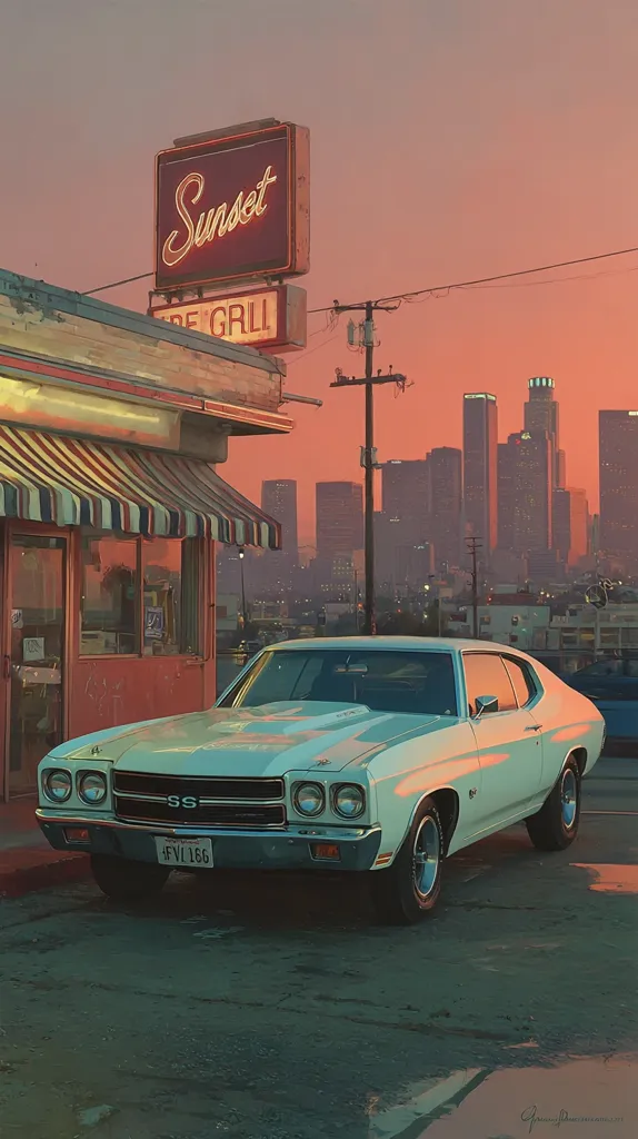 A light teal 1968 Chevrolet Chevelle SS is parked in front of a retro diner at sunset. The diner, named "Sunset Grill," has a striped awning and a neon sign.  Los Angeles's skyline is visible in the background, bathed in the warm hues of the setting sun. The scene evokes a nostalgic, classic American aesthetic.