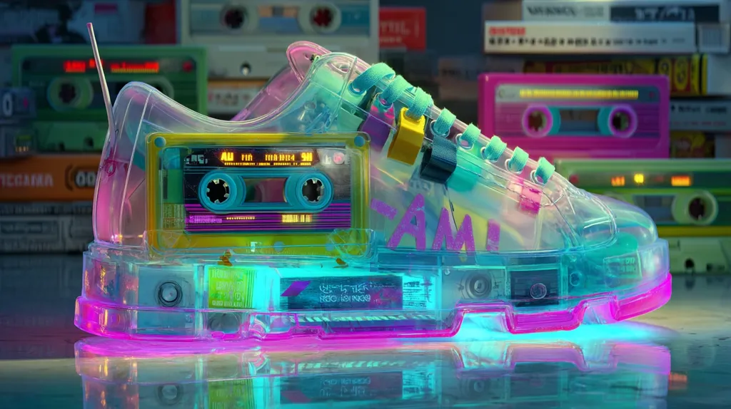 A transparent sneaker, glowing with vibrant pink and teal lights, is showcased.  The shoe's design incorporates embedded cassette tapes, reflecting a retro 80s aesthetic.  It rests on a reflective surface, with a blurred background of stacked vintage cassette tapes.  The overall impression is one of playful nostalgia and futuristic design.