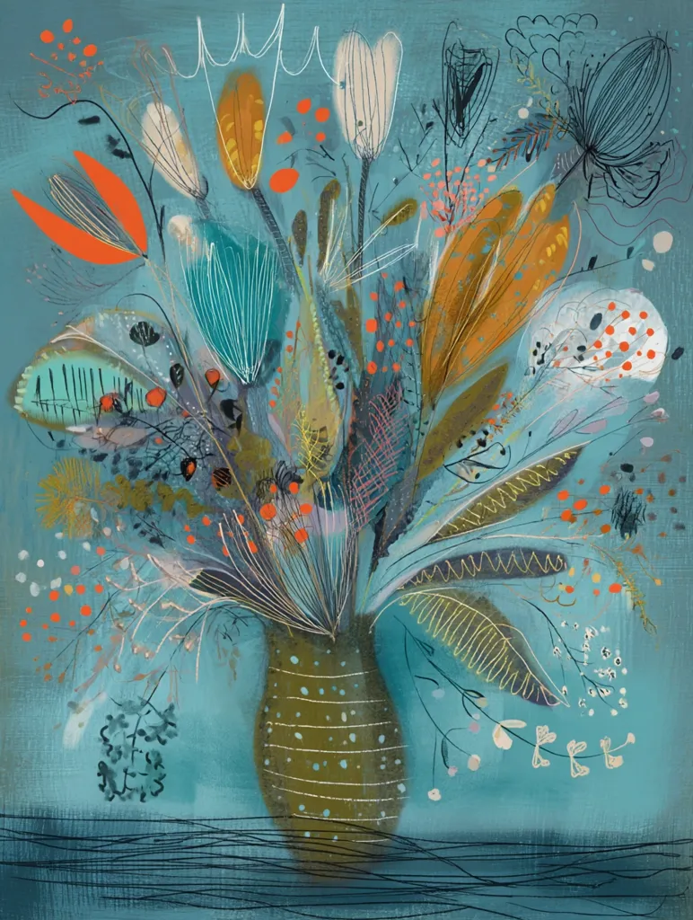 A vibrant abstract floral arrangement in a speckled olive green vase dominates a teal background.  The flowers, rendered in expressive brushstrokes, feature a range of warm oranges and yellows contrasted with cool teals and whites. Delicate lines and dots add texture and depth, creating a whimsical, artistic depiction of a bouquet.  The style is loose and impressionistic, emphasizing mood and color over precise botanical detail.