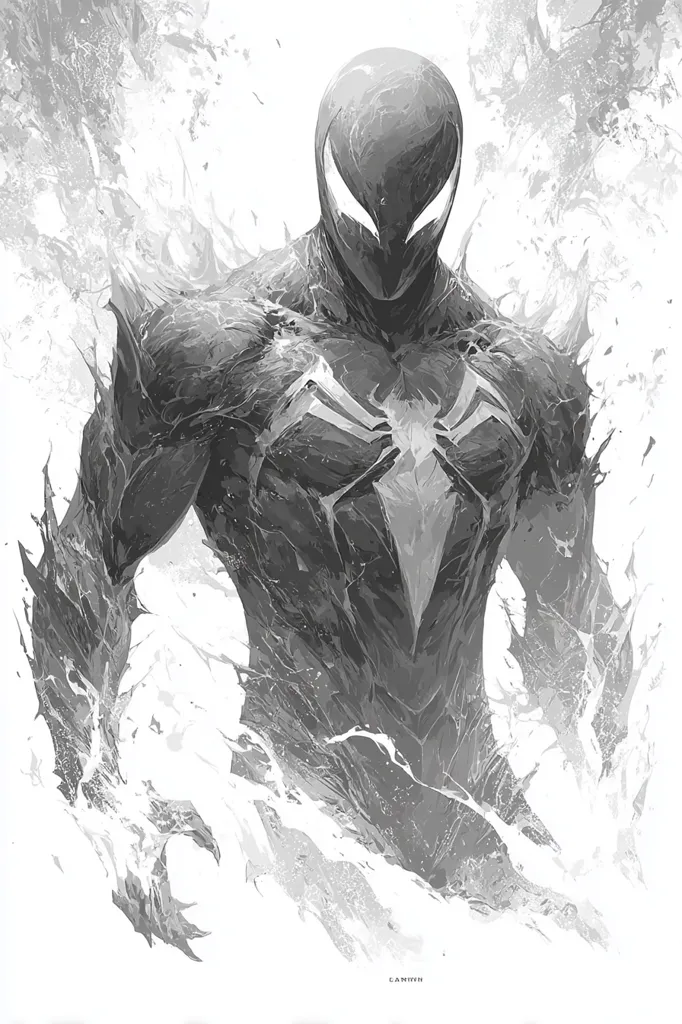 A grayscale illustration depicts a powerful figure resembling Spider-Man, rendered in a dynamic style.  His form is partially obscured by swirling, abstract elements suggestive of energy or liquid, creating a dramatic and intense visual. The grayscale palette enhances the character's imposing presence and the chaotic energy surrounding him. The spider emblem is clearly visible on his chest.