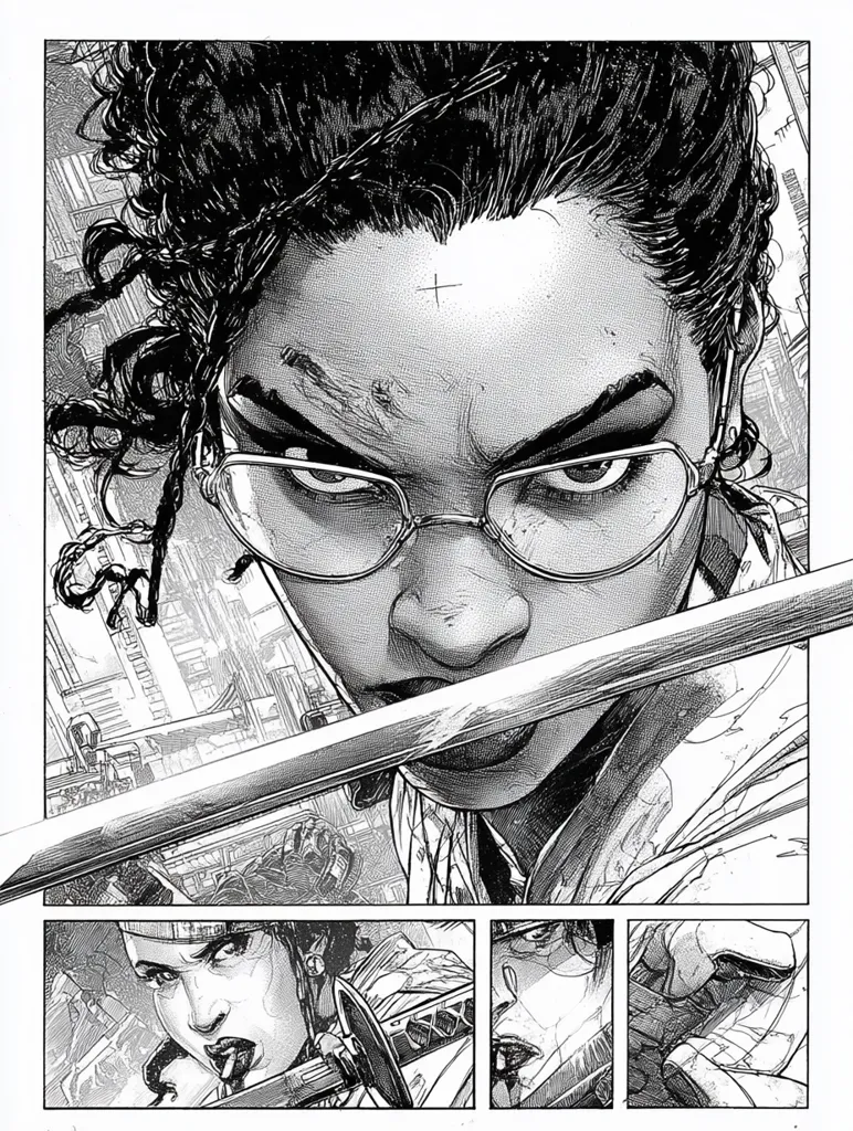 A detailed black and white illustration features a woman with glasses and dark, curly hair, intensely gazing forward.  A katana slices across the foreground, partially obscuring her face.  The style is reminiscent of manga or graphic novels, with intricate linework and shading.  Smaller panels below show close-ups of her and another figure, possibly in a combat scene within a gritty, urban setting.  The overall mood is dramatic and action-packed.