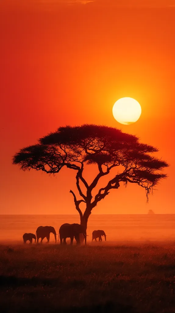 A breathtaking sunset paints the African savanna in fiery orange hues.  A large acacia tree stands silhouetted against the vibrant sky, its branches reaching towards a bright, round sun.  A small herd of elephants, also in silhouette, grazes peacefully beneath the tree, creating a serene and iconic scene of African wildlife at twilight.