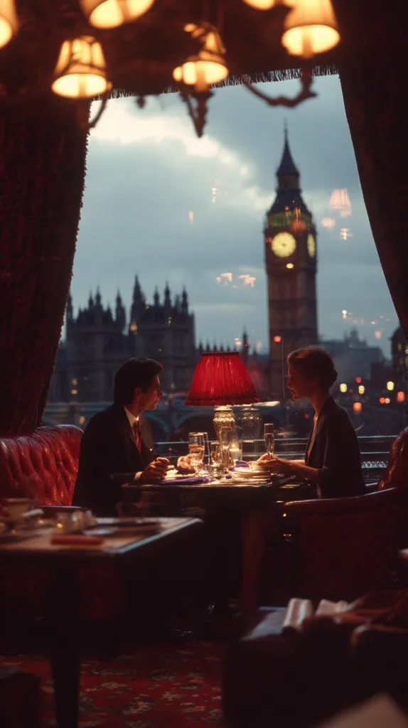 A romantic dinner unfolds in a plush, dimly lit restaurant.  A couple sits at a table, enjoying a meal as the London skyline, with Big Ben prominently featured, is visible through a large window.  The scene is warm and intimate, with the soft glow of lamps and candlelight casting a romantic ambiance. The rich red leather seating and dark wood furnishings complement the elegant setting.