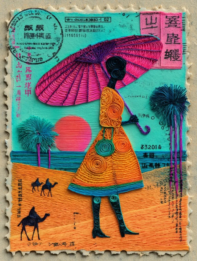 A vibrant paper quilling artwork adorns a vintage postage stamp.  The central figure is a woman in a flowing orange dress, carrying a pink parasol, standing on a desert beach with camels and palm trees.  The quilling technique creates intricate details in the clothing, parasol, and background, giving a three-dimensional effect to the flat surface of the stamp.  The overall aesthetic is bright and whimsical, blending elements of travel and exotic locations.