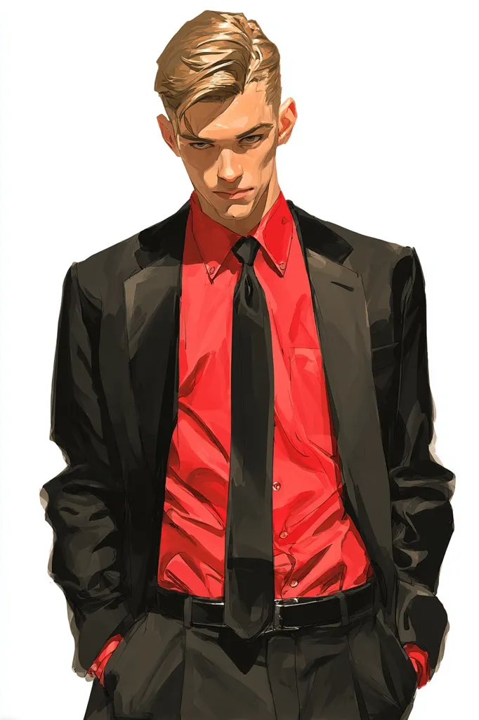 A stylized illustration of a young man with short, styled light brown hair. He's dressed in a sharp black suit, a vibrant red shirt, and a black tie.  His expression is serious, almost stern, and his hands are casually in his pockets. The art style is painterly, with visible brushstrokes and a focus on strong contrasts in color and light. The background is plain white, drawing attention solely to the figure.