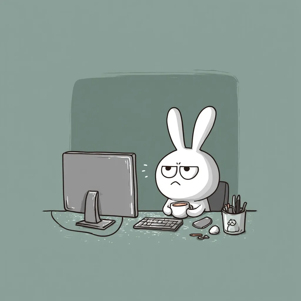 An illustration of an angry white rabbit sitting at a desk, working on a computer.  The rabbit has a grumpy expression and holds a small cup.  The desk is cluttered with a keyboard, mouse, pencils, and an egg. The scene is simple and cartoonish, with a muted color palette.  The overall mood is one of frustration or annoyance.