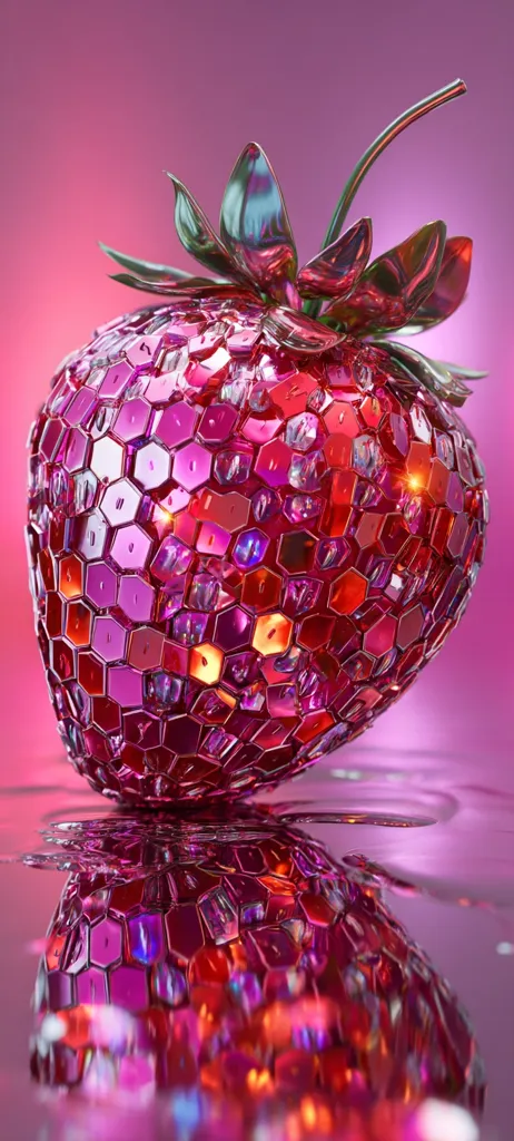 A stylized strawberry, rendered in 3D, is composed of numerous hexagonal facets.  The facets shimmer with iridescent pink and red hues, creating a jewel-like effect. The strawberry's leaves are metallic and mirror-like. It rests on a reflective surface, creating a vibrant, mirrored reflection.  The background is a soft, deep pink. The overall image is visually striking and luxurious.