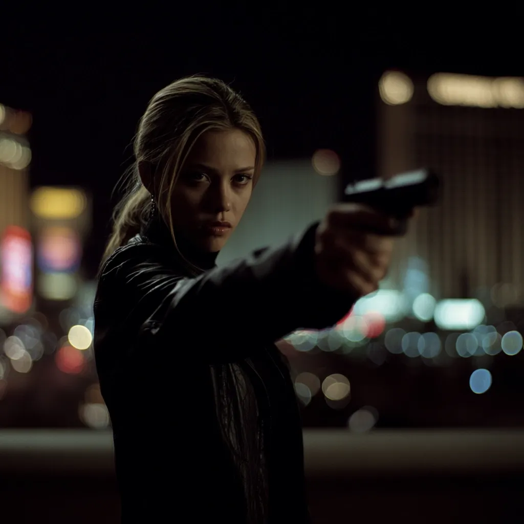 A young woman with blonde hair, wearing a black leather jacket, aims a handgun at the viewer.  The background is a blurred cityscape at night, suggesting an urban setting. Her expression is serious and determined, conveying a sense of danger and intensity. The overall mood is dark and suspenseful.