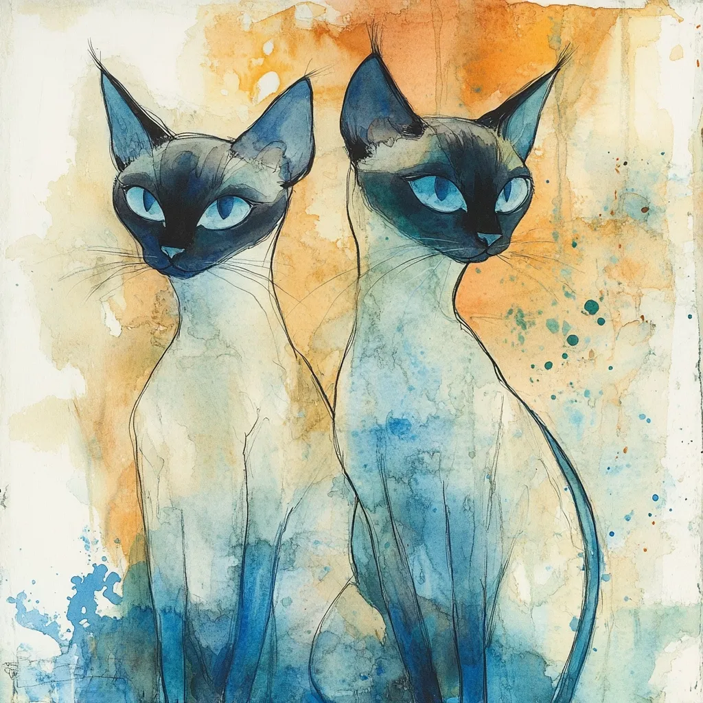 A watercolor painting depicts two Siamese cats sitting side-by-side.  Rendered in shades of blue and beige against a warm, textured background, the cats are portrayed with delicate lines and expressive, bright blue eyes.  The style is loose and impressionistic, emphasizing the fluidity of the cats' forms and the ethereal quality of the watercolor medium.  Splashes of color add to the artwork's whimsical and artistic feel.