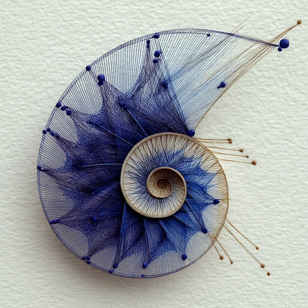 A nautilus-shaped artwork crafted from thread.  The intricate design features a spiral of varying shades of blue thread, accented with small, dark blue beads and lighter tan threads extending outward. The piece showcases a delicate balance of color and form, creating a mesmerizing visual effect against a neutral background. The artwork's precision and detail highlight the artist's skill.