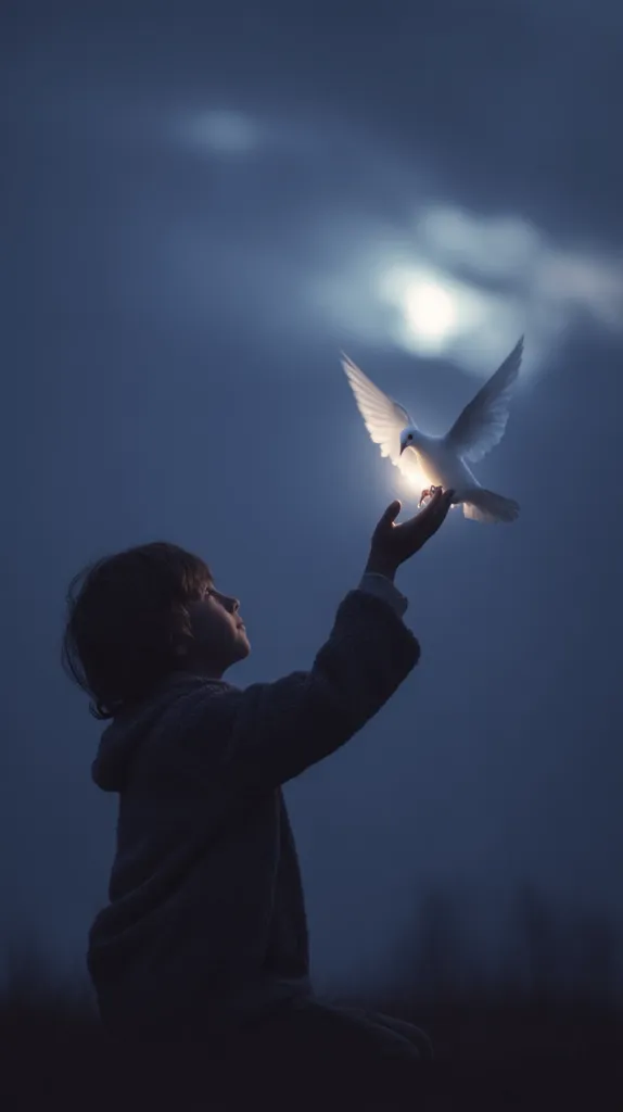 Under a twilight sky, a child reaches out their hand towards a glowing white dove in flight.  The scene is serene and ethereal, bathed in the soft light of a moon partially obscured by clouds. The child's silhouette is stark against the darkening landscape, creating a poignant and hopeful image. The dove appears to be a symbol of peace or a spiritual connection.