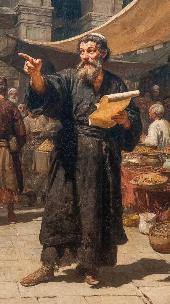 An oil painting depicts a bearded man in a dark robe, addressing a bustling marketplace.  He gestures emphatically with one hand while holding a scroll in the other.  The scene is filled with people and vendors selling goods, suggesting a lively, crowded atmosphere in a Middle Eastern or Mediterranean setting.  The man's attire and the overall style of the painting hint at a historical or biblical setting.