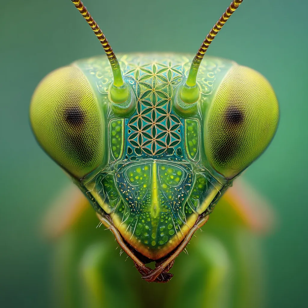 A close-up reveals the intricate details of a praying mantis's face.  Its large, multifaceted eyes are striking, and the central area of its head displays a geometric pattern resembling the Flower of Life.  The vibrant green coloring and texture of the insect's exoskeleton are beautifully showcased in this macro photograph.  The image highlights the unseen beauty found in nature.
