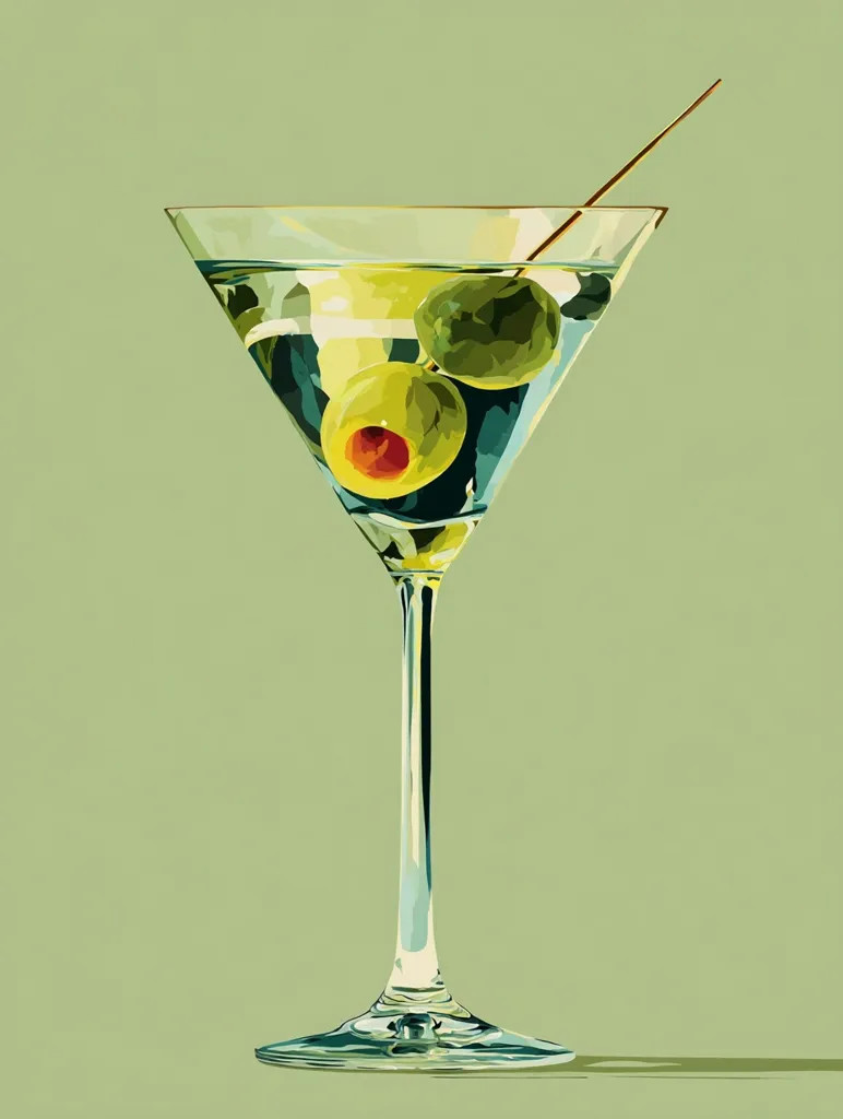 A stylized illustration of a martini glass filled with a pale yellow liquid. Two green olives are skewered on a toothpick, partially submerged in the drink.  The glass has a classic V-shape and long stem, standing on a pale green background.  The style is reminiscent of mid-century modern art, with bold colors and simplified forms.
