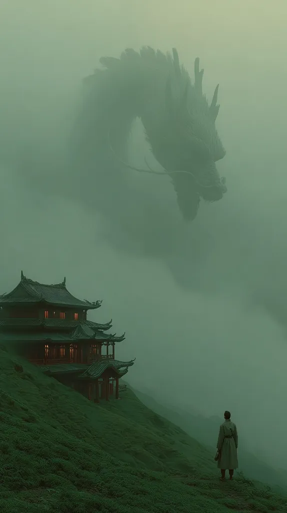 A lone figure in a long coat stands on a misty hillside, gazing towards a colossal, shadowy dragon shrouded in fog.  Below, a traditional East Asian temple with illuminated windows sits perched on the slope.  The atmosphere is eerie and serene, the green hues of the landscape and mist dominating the scene.  The dragon looms large, a powerful presence in the mystical landscape.