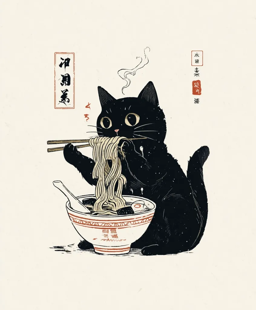 A stylized illustration depicts a black cat engrossed in a bowl of ramen.  The cat delicately holds chopsticks, lifting noodles towards its mouth. The scene is rendered in a minimalist, almost woodcut-style aesthetic with Japanese text subtly incorporated into the design.  The overall tone is calming and whimsical, highlighting the cat's enjoyment of its meal.