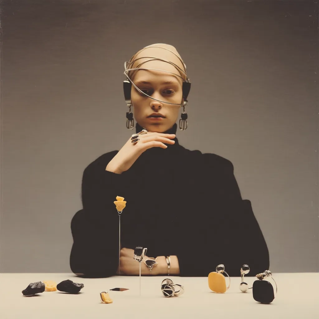A bald woman wearing a black turtleneck and a striking silver headpiece sits at a table.  She's adorned with various modern, abstract silver and amber jewelry.  Several pieces of similarly styled jewelry are displayed on the table in front of her, creating a visually arresting image of minimalist fashion and design.  The overall aesthetic is dark, moody, and sophisticated.