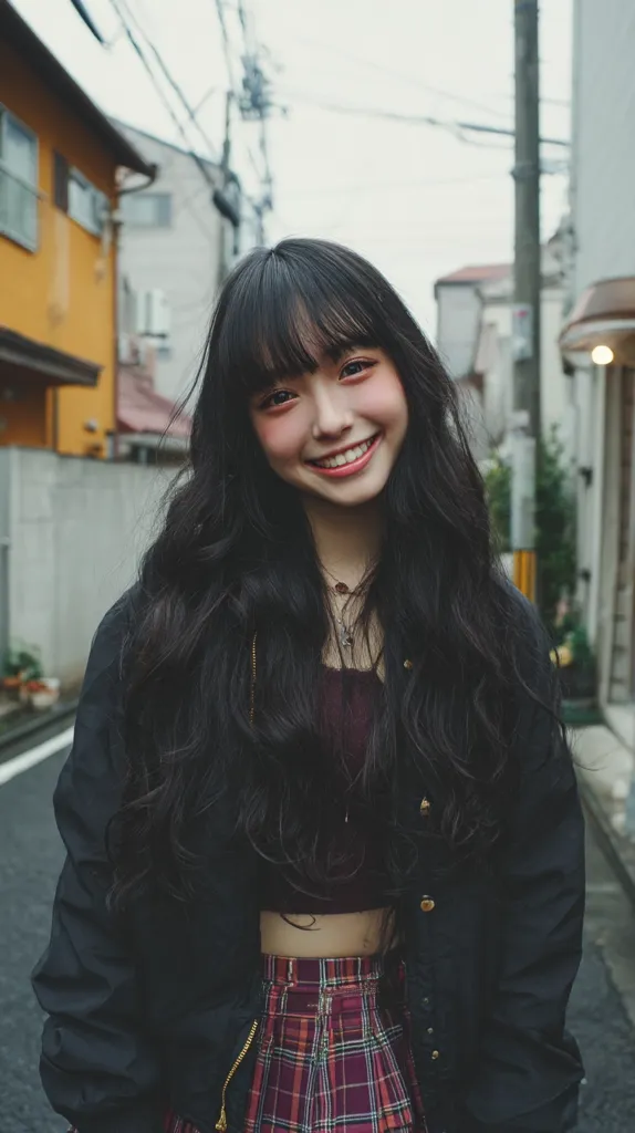 A young woman with long, dark wavy hair smiles warmly.  She's wearing a black bomber jacket over a dark maroon crop top and a pleated burgundy and red plaid mini skirt.  The photo is taken outdoors on a city street with residential buildings in the background, suggesting a Japanese setting. Her expression is cheerful and approachable.