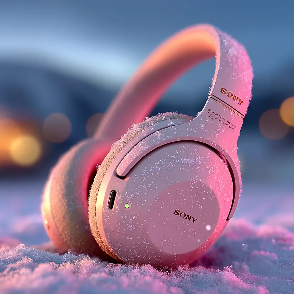 A pair of pale pink Sony wireless headphones rests in the snow.  Tiny ice crystals cling to the soft-looking earcups. The headphones are softly illuminated, suggesting a cold, twilight setting.  The Sony logo is visible on the side. The overall image evokes a sense of calm and winter tranquility.