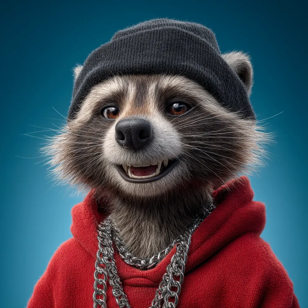 A digitally rendered raccoon is depicted, sporting a black beanie and a red hoodie.  Thick silver chains adorn its neck, adding to its stylish, almost hip-hop inspired look. The raccoon's expression is friendly and approachable, its dark eyes and slight smile contributing to a charismatic persona. The background is a solid teal, providing a clean contrast to the raccoon's attire.