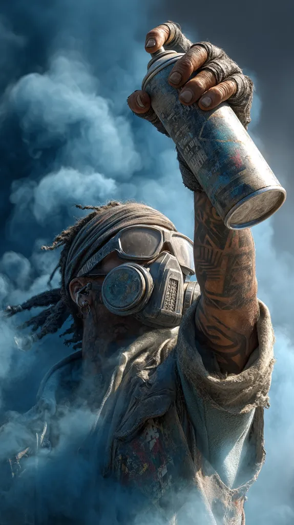 A post-apocalyptic figure, clad in tattered clothing and a gas mask, raises a spray can high, releasing a plume of blue smoke.  Their arm is adorned with intricate tribal tattoos. The image is dramatic, emphasizing the character's defiance and artistic expression in a harsh environment. The overall aesthetic is gritty and visually striking.