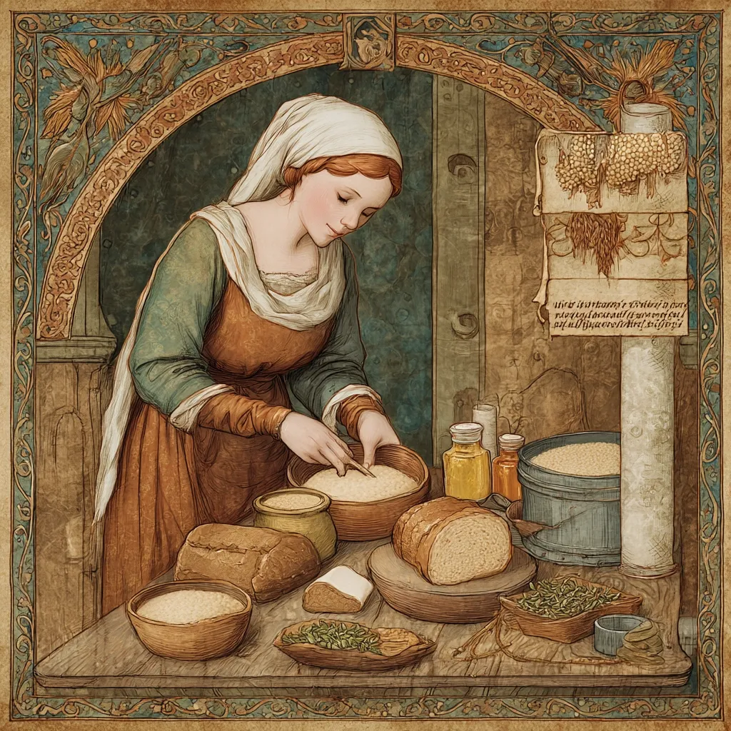 A medieval woman, clad in a russet gown and white head covering, meticulously adds flour to a wooden bowl.  Surrounding her are various ingredients: loaves of bread, bowls of grain, herbs, and small jars of spices. The scene is depicted within an ornate, illuminated border reminiscent of a medieval manuscript, suggesting a focus on the craft of baking and the importance of food in this historical context.