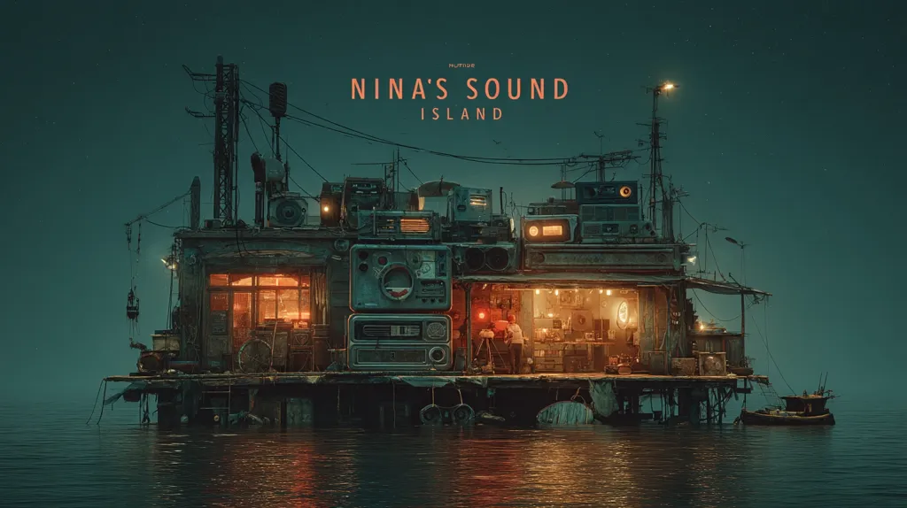 A digital artwork titled “Nina’s Sound Island” depicts a ramshackle structure on stilts in dark, still water at night.  The structure is cluttered with vintage electronics and appears to be a home. Warm interior light contrasts with the cool night sky.  A small boat is visible in the lower right. The scene is atmospheric and evocative of a secluded, possibly post-apocalyptic setting.