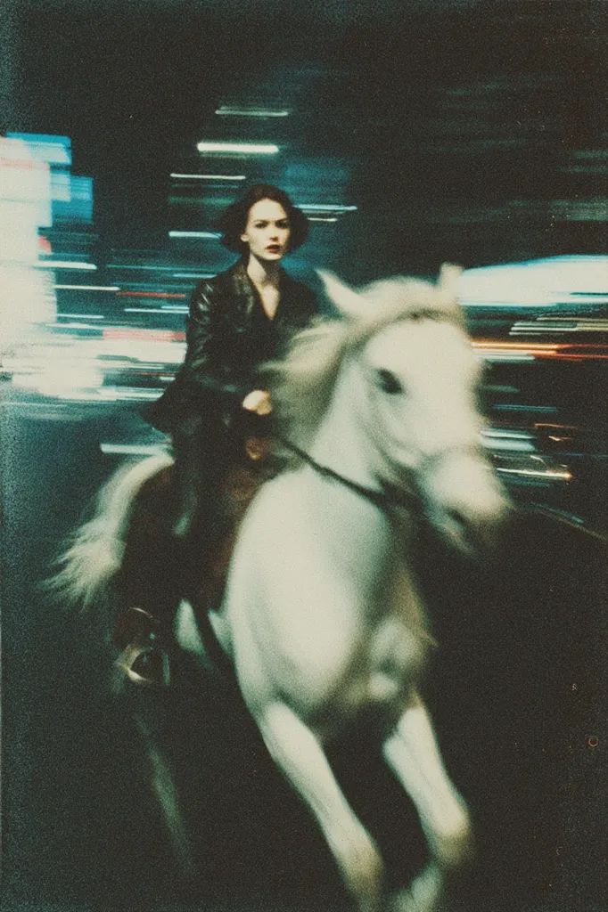 A woman in a dark leather jacket rides a white horse through a blurred city nightscape.  The motion blur emphasizes the speed and energy of the scene, creating a dramatic, almost surreal atmosphere.  The woman's expression is serious, her gaze directed forward.  The overall tone is moody and evocative.
