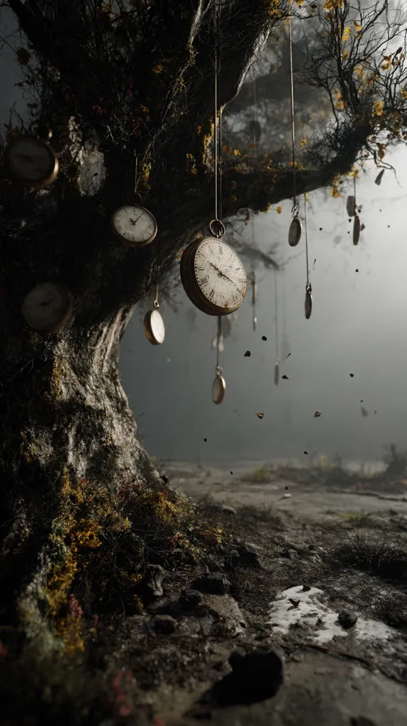 A surreal image depicts an aged, gnarled tree adorned with numerous antique pocket watches hanging from its branches.  The watches, varying in size, appear worn and weathered, suggesting the passage of time.  The tree stands in a desolate, misty landscape, creating an atmosphere of mystery and decay. The scene evokes a sense of forgotten memories and the relentless march of time.
